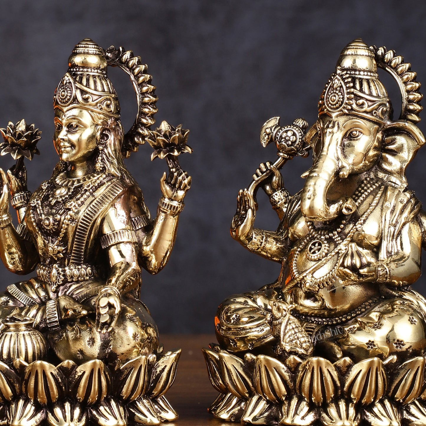 Pure Brass Intricate Ganesha Lakshmi Idols - Superfine Lightweight - 5 inch