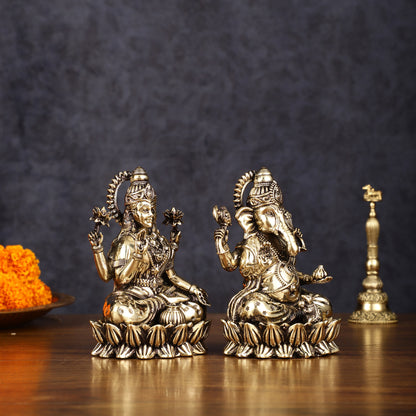 Pure Brass Intricate Ganesha Lakshmi Idols - Superfine Lightweight - 5 inch