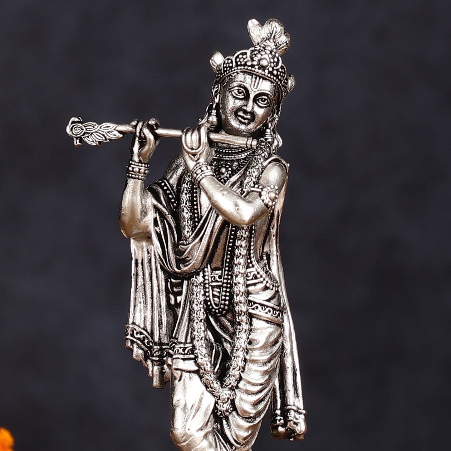 Brass silver plated Superfine Intricate Krishna Idol - 6" Height