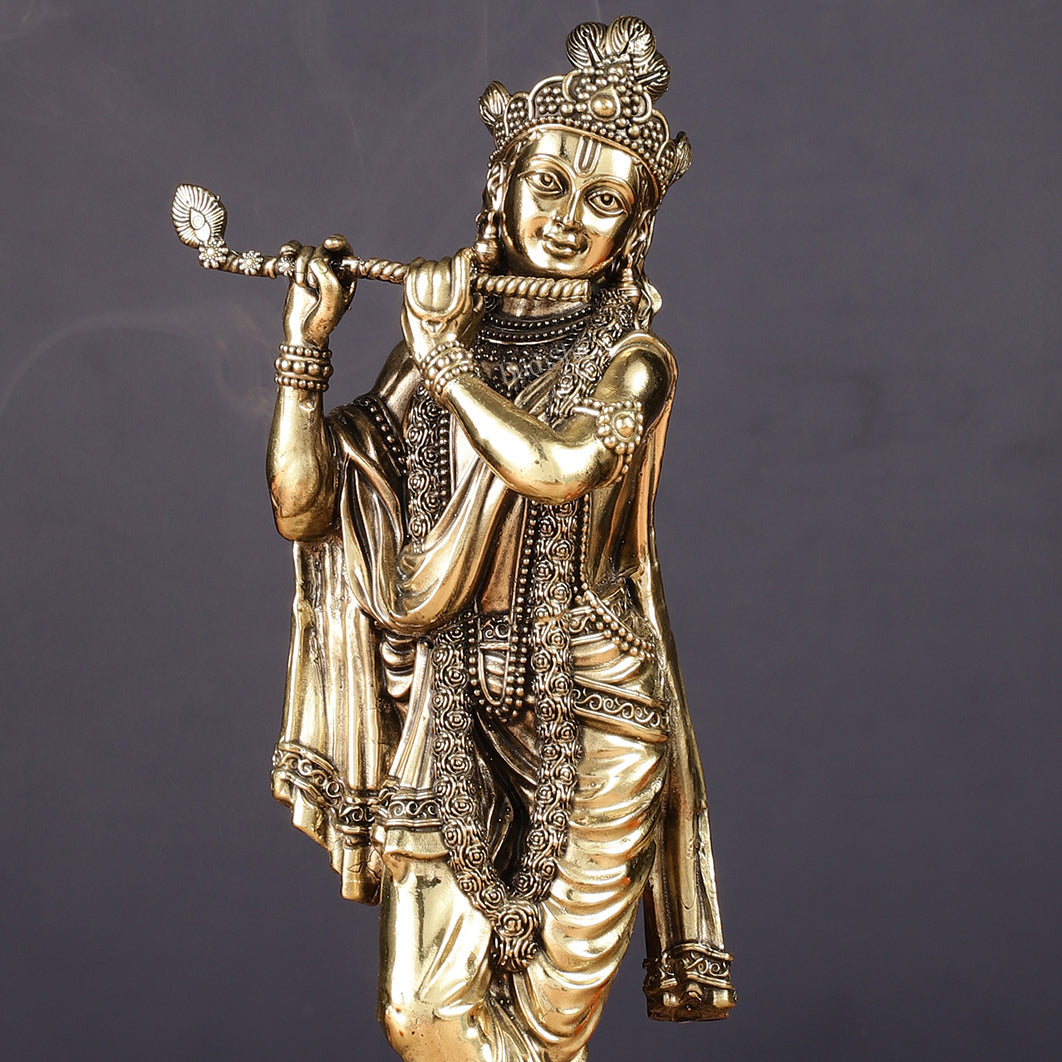 Superfine Brass Lord Krishna Intricate Idol 10"