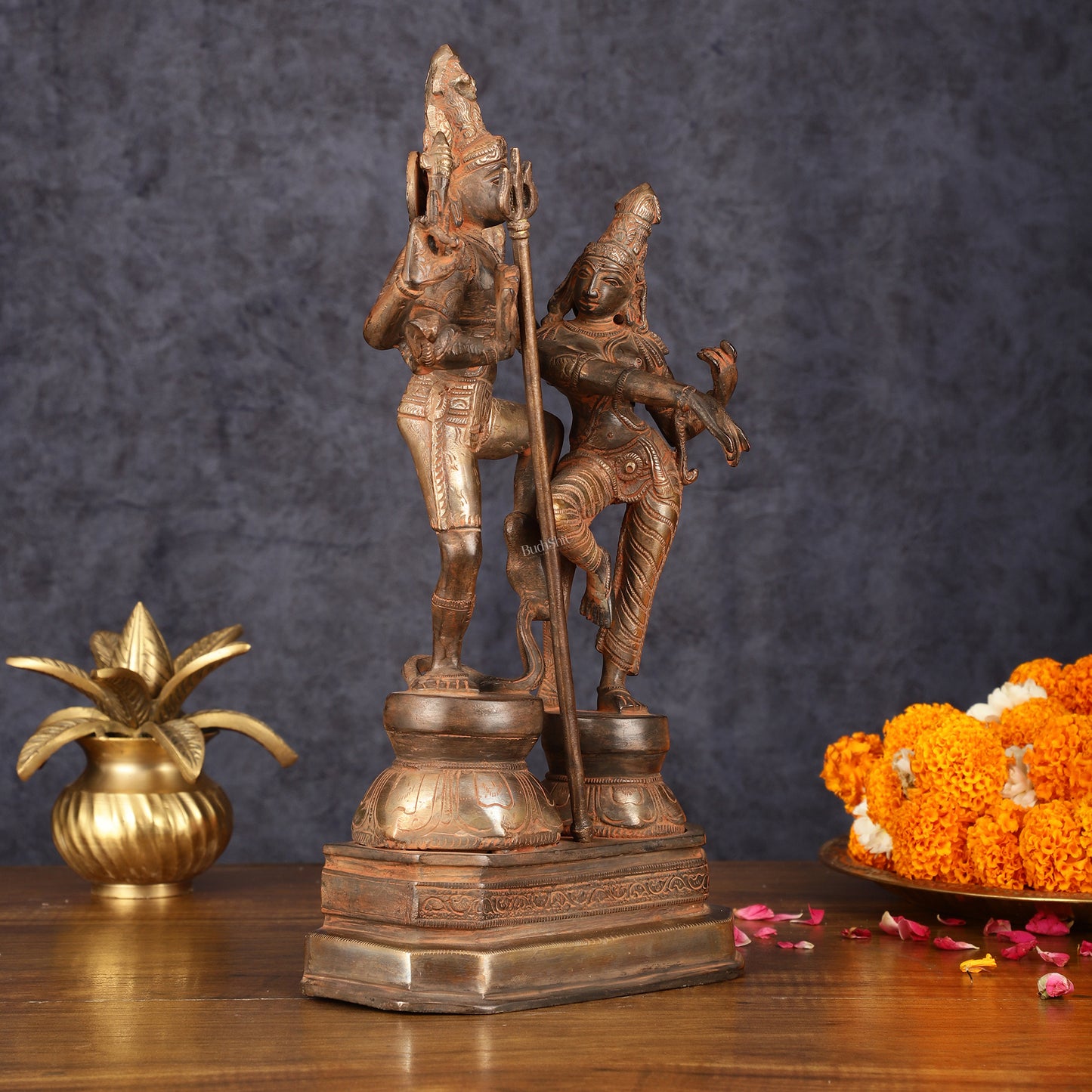 Vintage Brass Shiva Parvati Dancing Idols - 12.5" Sand Finish Patina