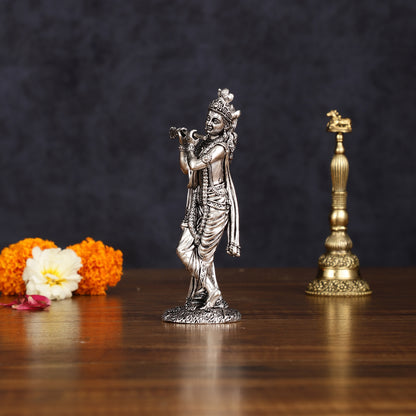 Brass silver plated Superfine Intricate Krishna Idol - 6" Height