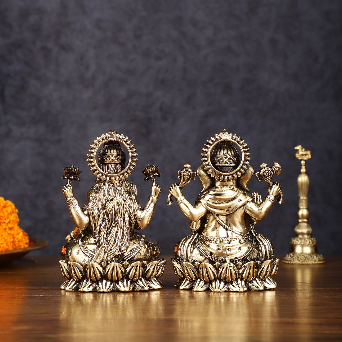 Pure Brass Intricate Ganesha Lakshmi Idols - Superfine Lightweight - 5 inch