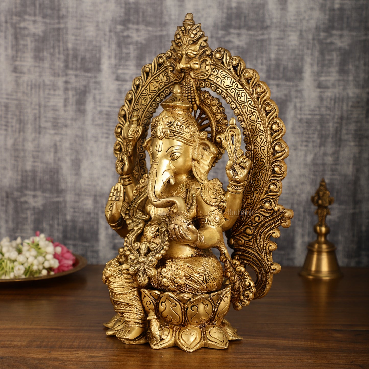 Pure Brass Lord Ganesha with Kirtimukha Prabhavali Aura | 15.5 Inch