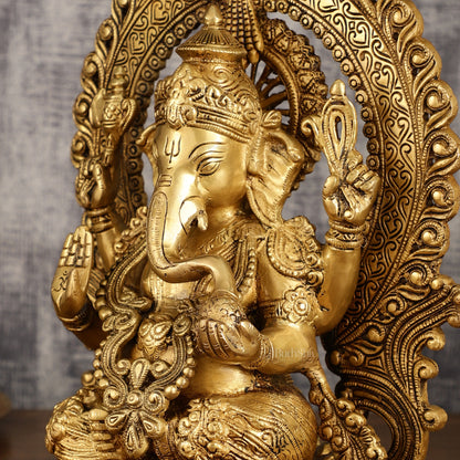 Pure Brass Lord Ganesha with Kirtimukha Prabhavali Aura | 15.5 Inch