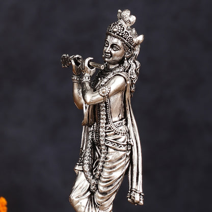 Brass silver plated Superfine Intricate Krishna Idol - 6" Height