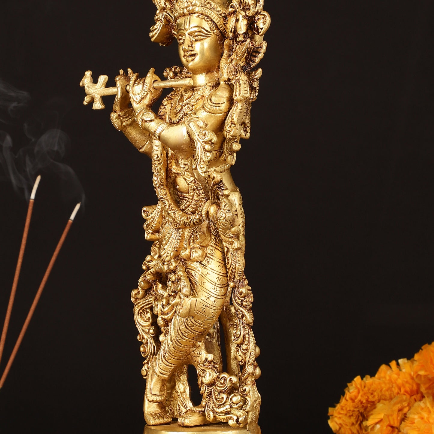 Pure Brass Superfine Krishna Idol on Lotus - 14" Elegant Sculpture