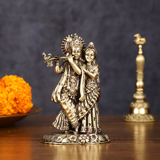 Brass Superfine Intricate Radha Krishna Idol - 4.2 Inch, Lightweight