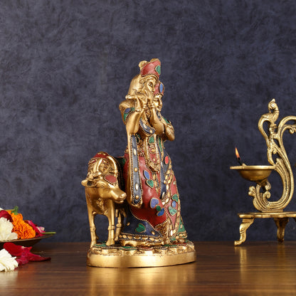 Brass Radha krishna with cow idol with meenakari 10.5"