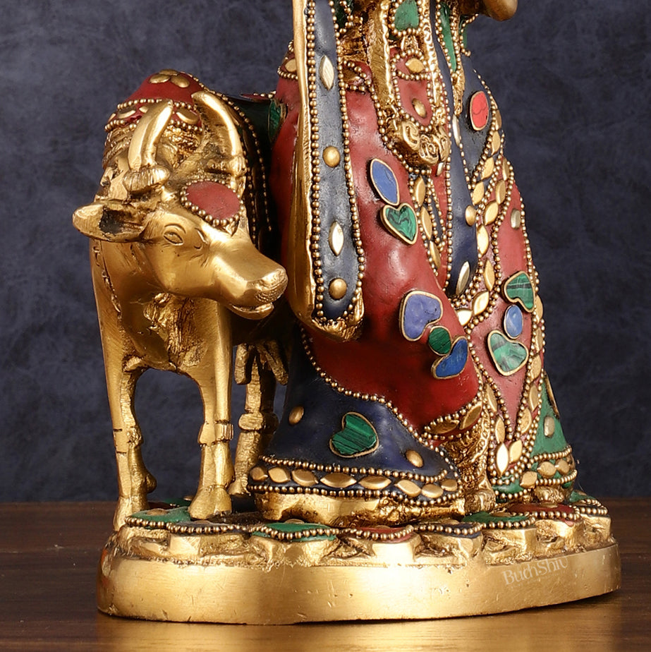 Brass Radha krishna with cow idol with meenakari 10.5"