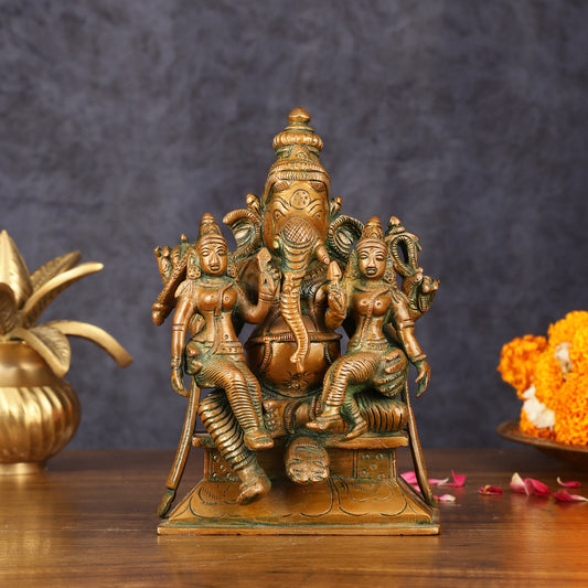 Bronze Finish Pure Brass Lord Ganesha Statue with Riddhi and Siddhi - 7 Inch