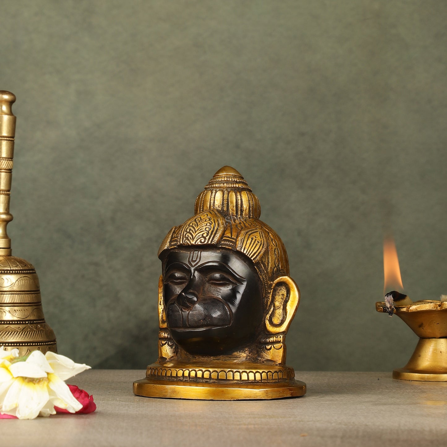 Pure Brass Black Hanuman Face Idol Table Accent 5.5 "