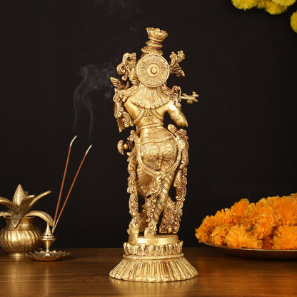 Pure Brass Superfine Krishna Idol on Lotus - 14" Elegant Sculpture