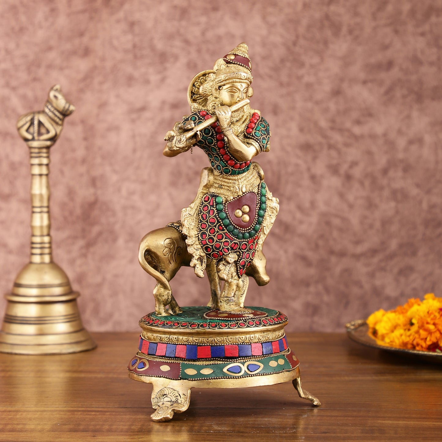 Brass Krishna with Cow on Round Pedestal - Venugopala Murthy | 10.5" stonework