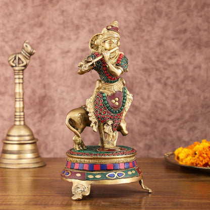 Brass Krishna with Cow on Round Pedestal - Venugopala Murthy | 10.5" stonework