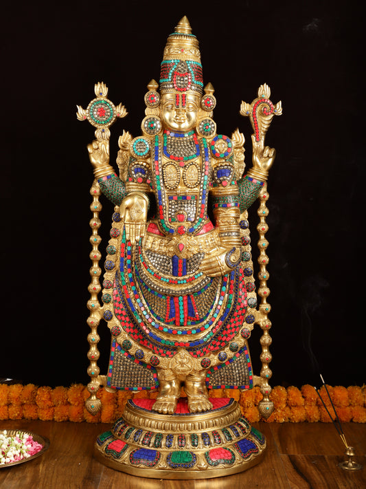 Pure Brass Tirupati Balaji Idol with Stonework 38"