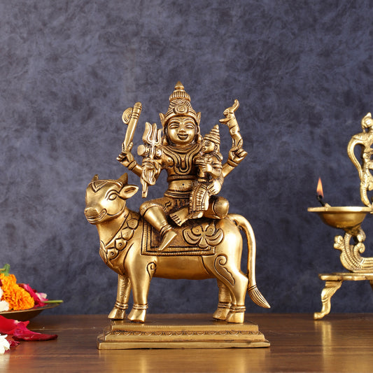Brass Shiv Parvati Seated on Nandi | Pradosh - 8.5 Inch