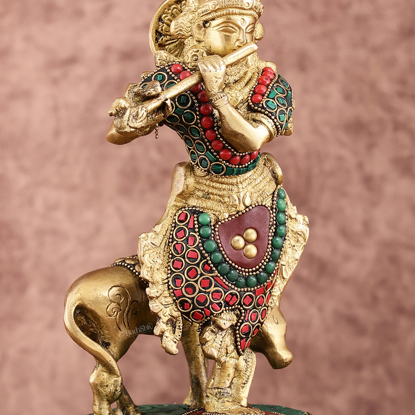 Brass Krishna with Cow on Round Pedestal - Venugopala Murthy | 10.5" stonework