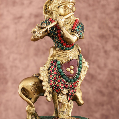 Brass Krishna with Cow on Round Pedestal - Venugopala Murthy | 10.5" stonework