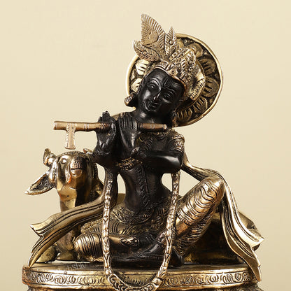 Pure Brass Lord Krishna Sitting with Cow Idol 8.5" black