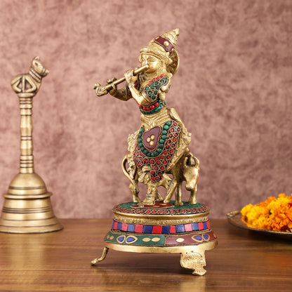 Brass Krishna with Cow on Round Pedestal - Venugopala Murthy | 10.5" stonework