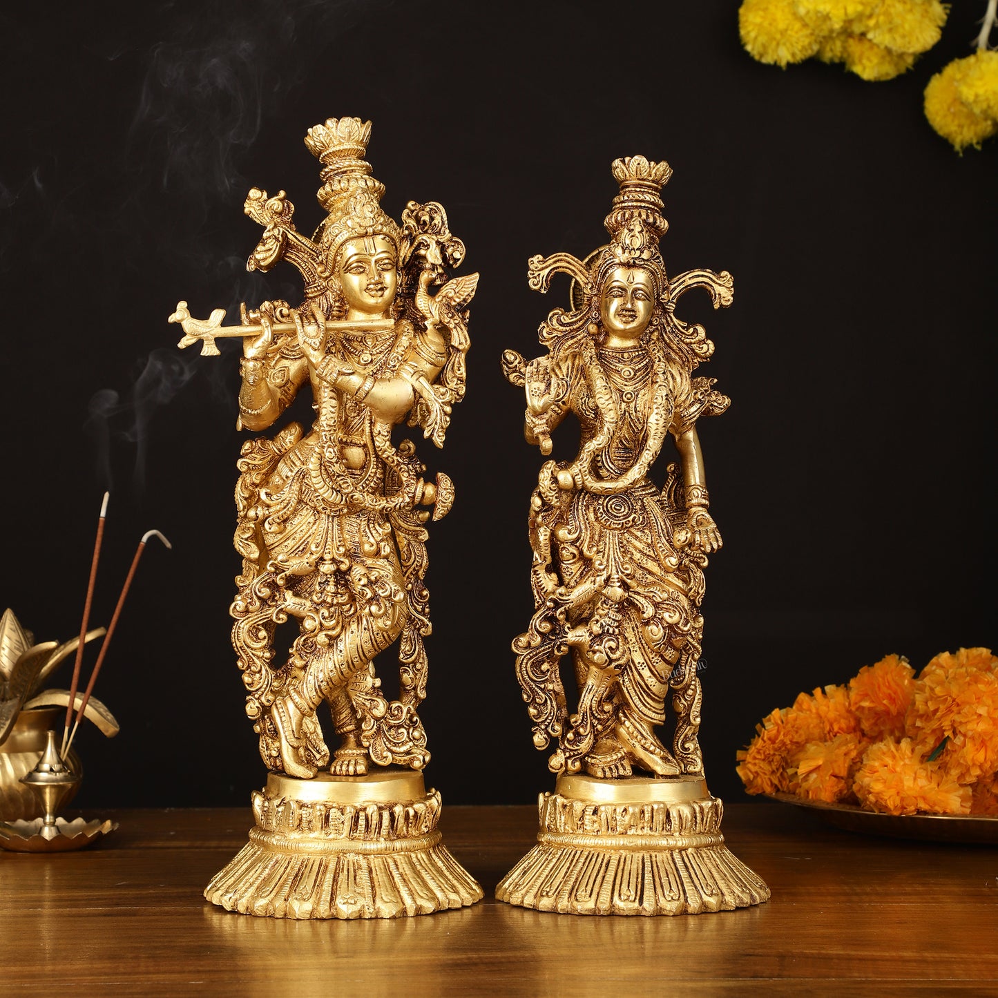 Pure Brass Superfine Radha Krishna Idols Pair on Lotus - 14" Elegant Sculpture