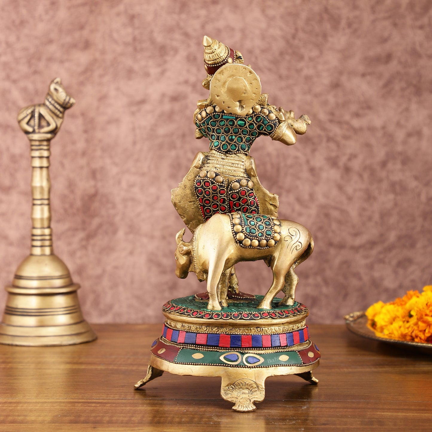 Brass Krishna with Cow on Round Pedestal - Venugopala Murthy | 10.5" stonework