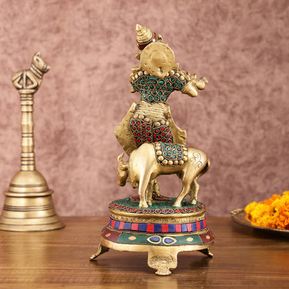 Brass Krishna with Cow on Round Pedestal - Venugopala Murthy | 10.5" stonework