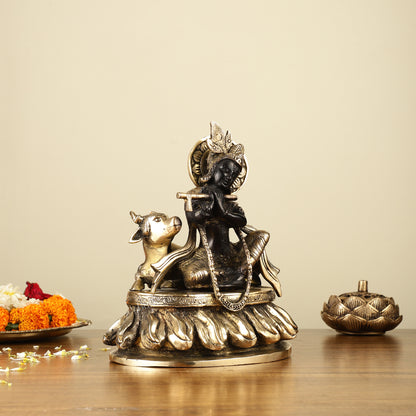 Pure Brass Lord Krishna Sitting with Cow Idol 8.5" black