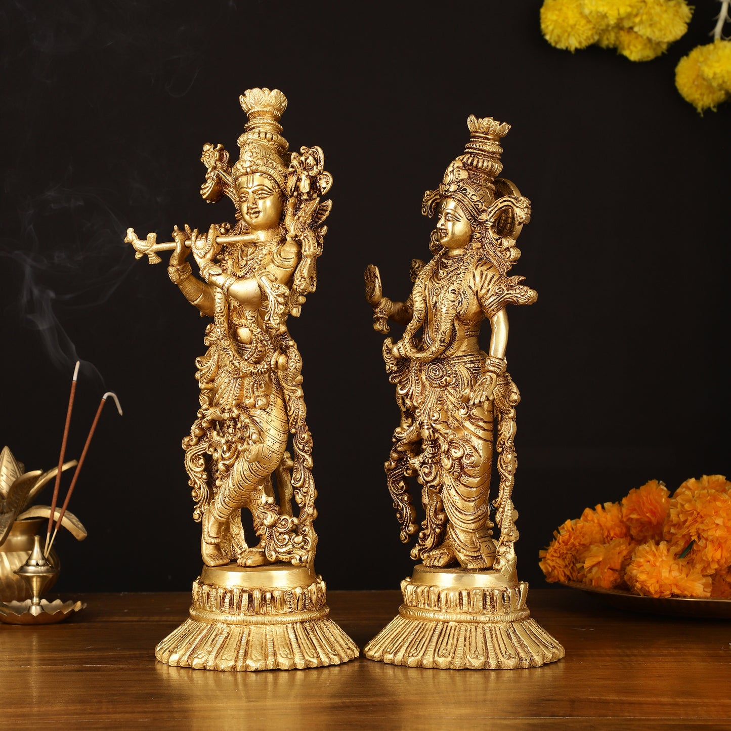 Pure Brass Superfine Radha Krishna Idols Pair on Lotus - 14" Elegant Sculpture