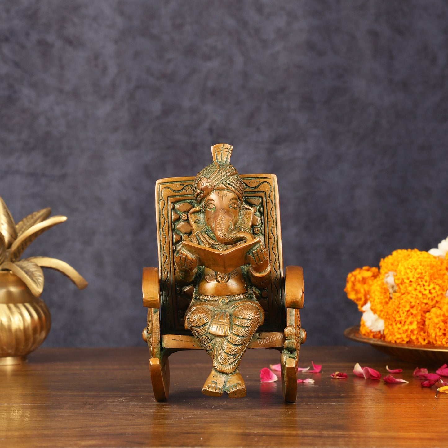 Handcrafted Pure Brass Lord Ganapati Seated on Swinging Chair Idol - 7" Antique Bronze Finish