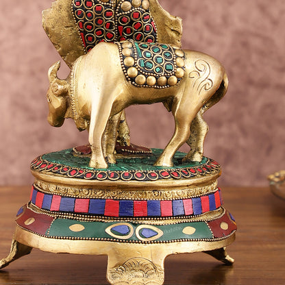 Brass Krishna with Cow on Round Pedestal - Venugopala Murthy | 10.5" stonework