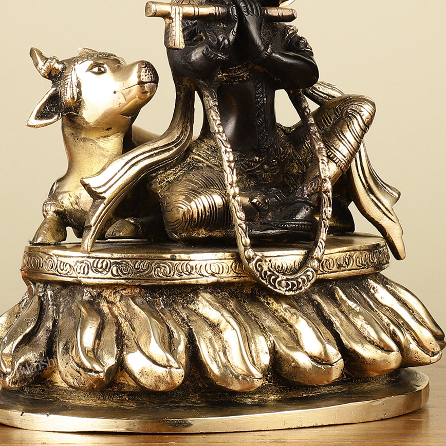 Pure Brass Lord Krishna Sitting with Cow Idol 8.5" black