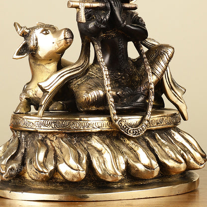 Pure Brass Lord Krishna Sitting with Cow Idol 8.5" black