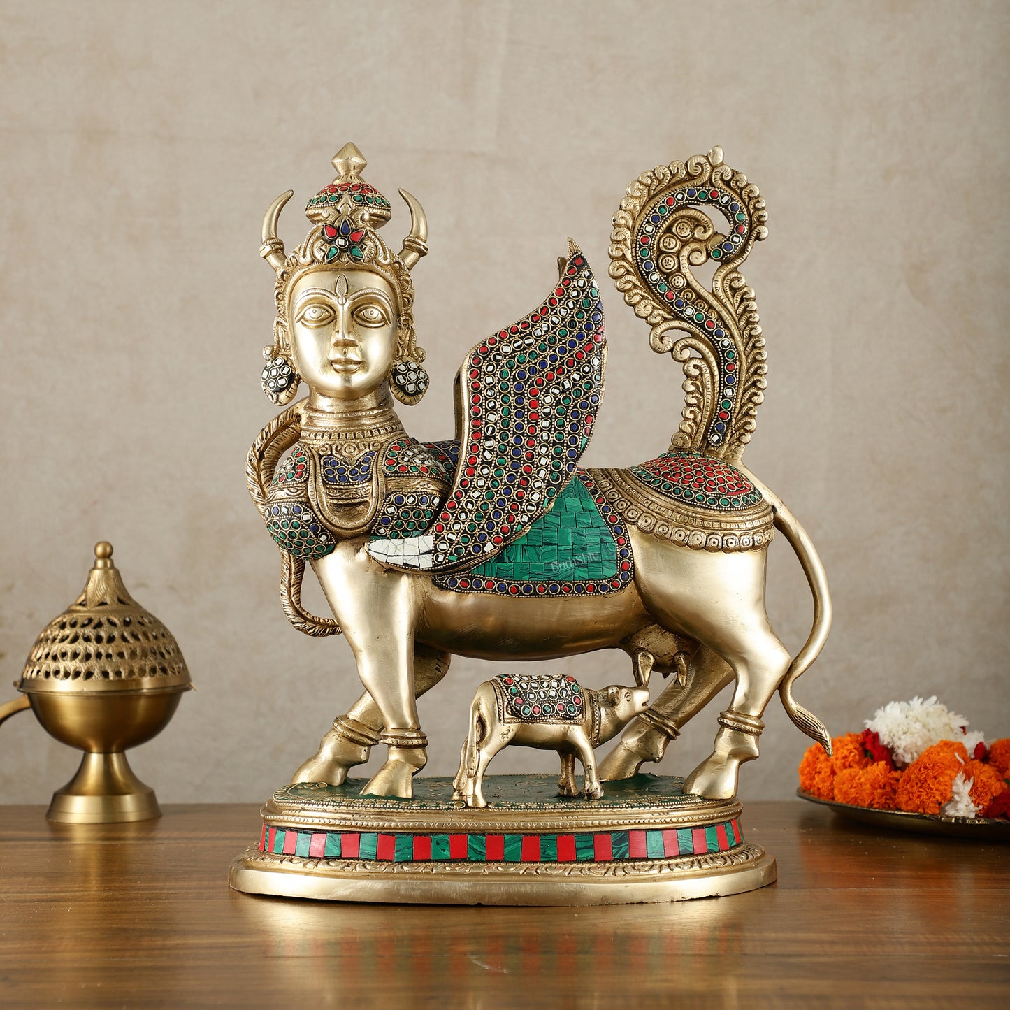 Exquisite Brass Bright Kamdhenu Cow with calf  Statue | 16.5"