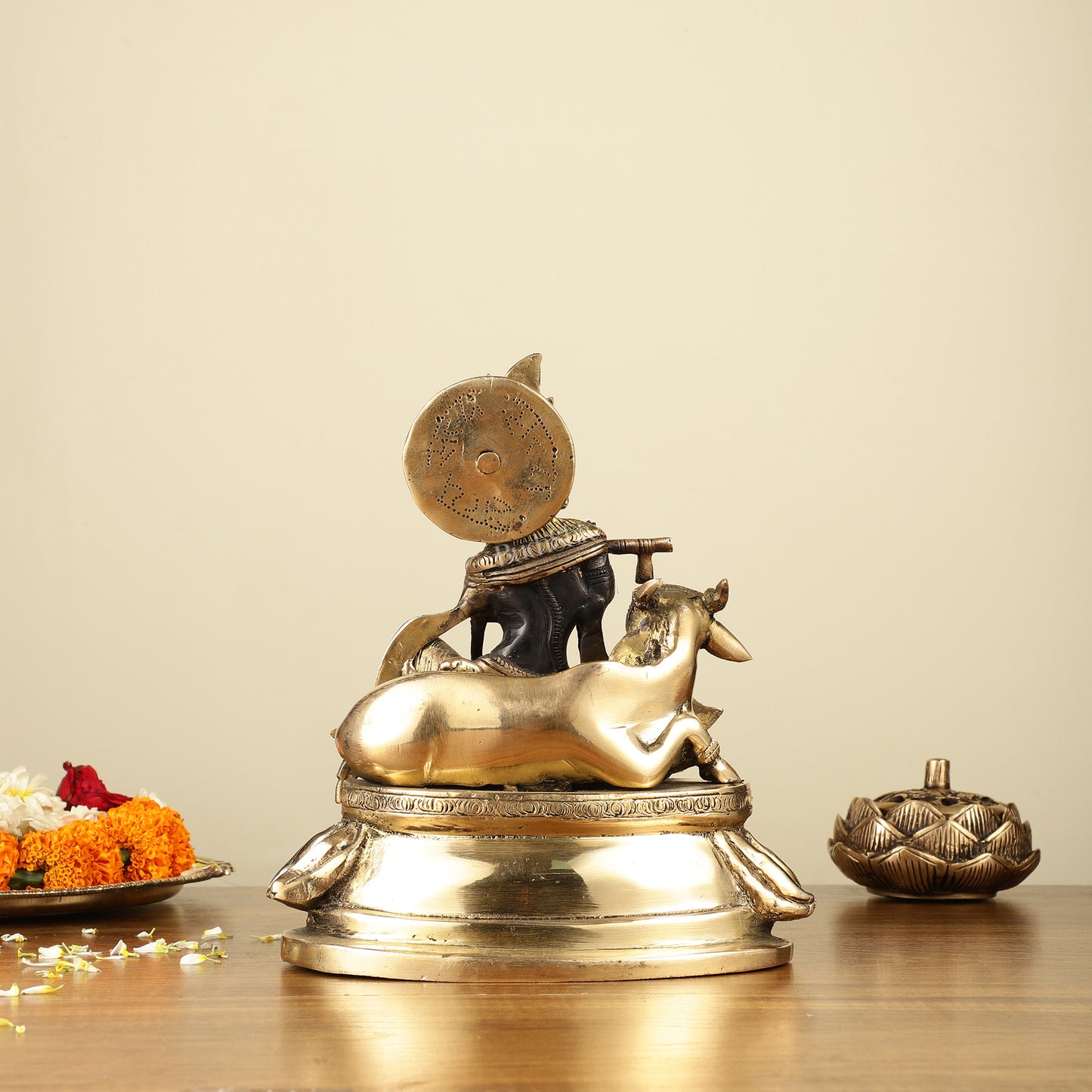 Pure Brass Lord Krishna Sitting with Cow Idol 8.5" black