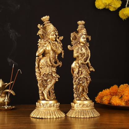 Pure Brass Superfine Radha Krishna Idols Pair on Lotus - 14" Elegant Sculpture