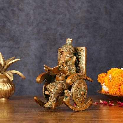 Handcrafted Pure Brass Lord Ganapati Seated on Swinging Chair Idol - 7" Antique Bronze Finish