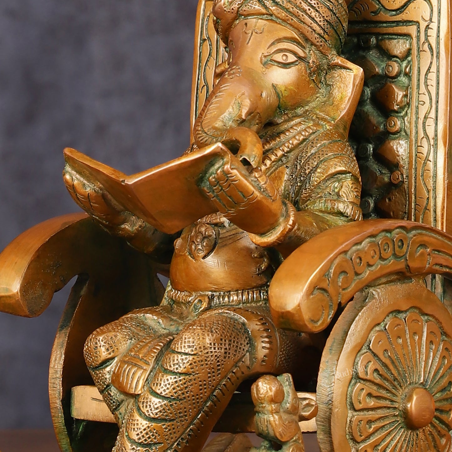 Handcrafted Pure Brass Lord Ganapati Seated on Swinging Chair Idol - 7" Antique Bronze Finish