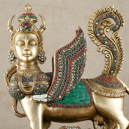 Exquisite Brass Bright Kamdhenu Cow with calf  Statue | 16.5"