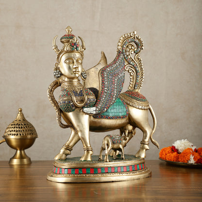 Exquisite Brass Bright Kamdhenu Cow with calf  Statue | 16.5"