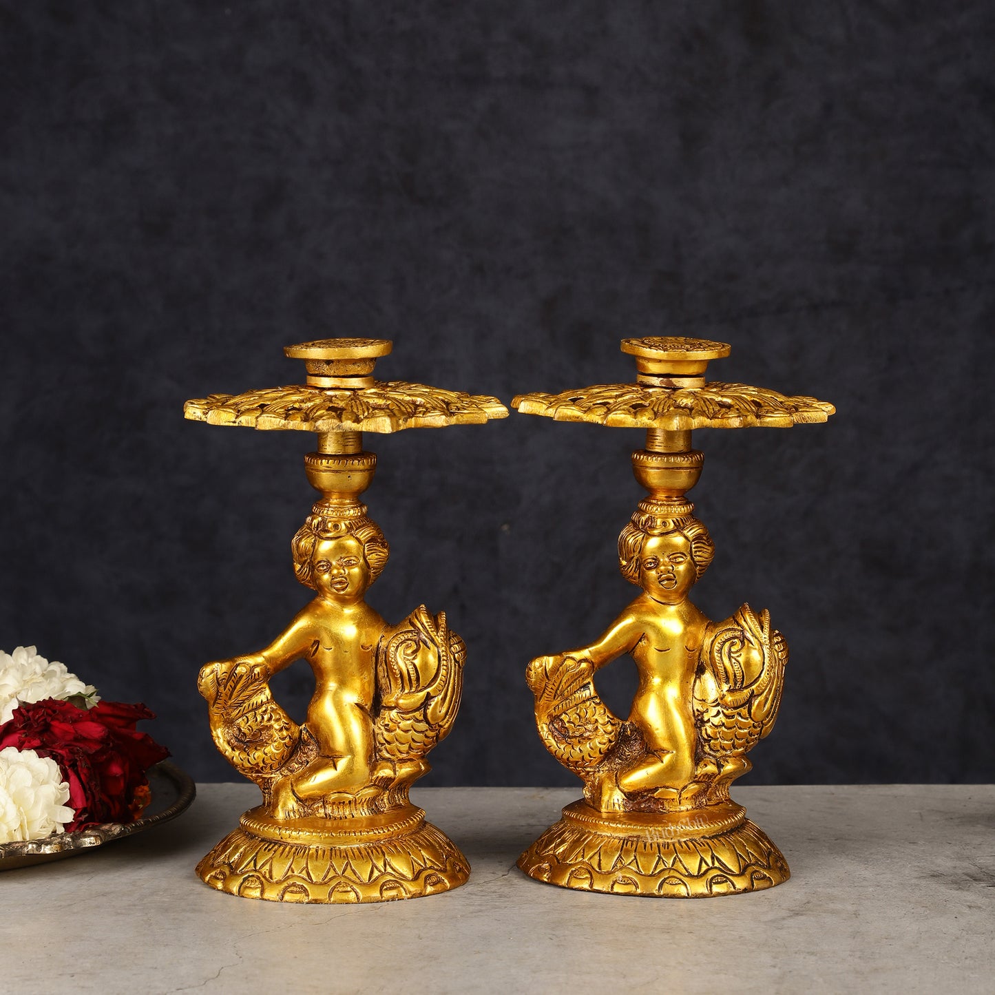 Brass Elegant Angel Table Showpiece Candle Holder 6" pair