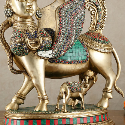 Exquisite Brass Bright Kamdhenu Cow with calf  Statue | 16.5"