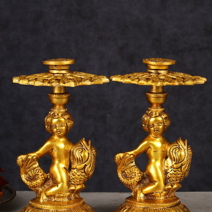 Brass Elegant Angel Table Showpiece Candle Holder 6" pair