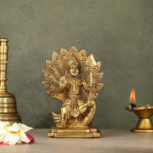 Antique Brass Superfine Kartikeya Lord Murugan Idol Seated on Peacock | Height 6 inch