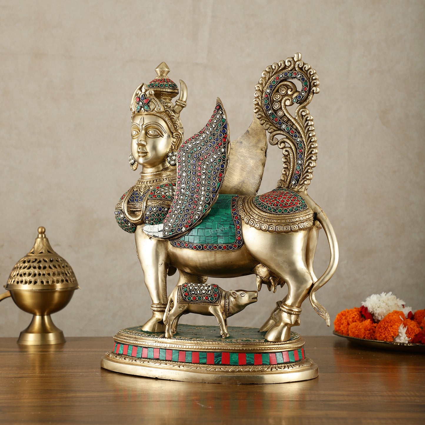 Exquisite Brass Bright Kamdhenu Cow with calf  Statue | 16.5"