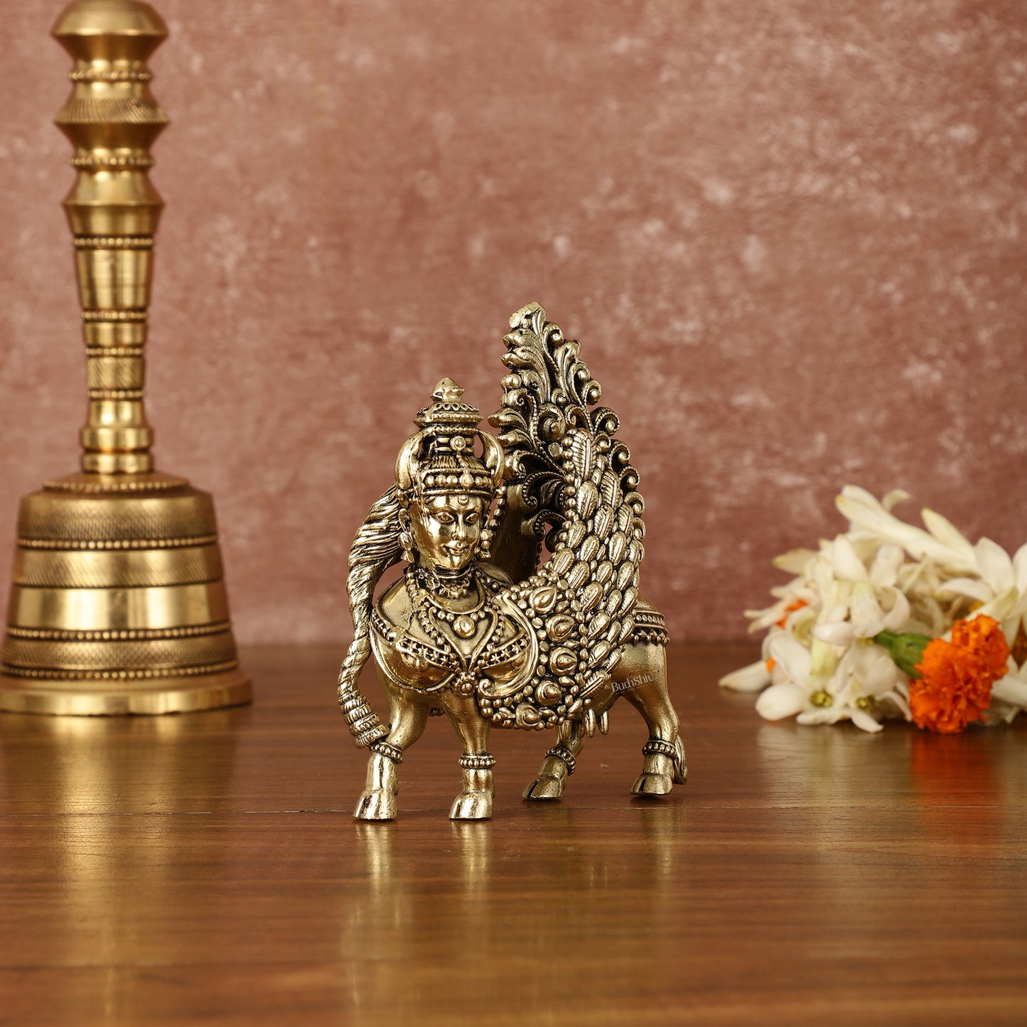 Pure Brass Small Kamdhenu Cow with Wings Idol - 4.5" Tall