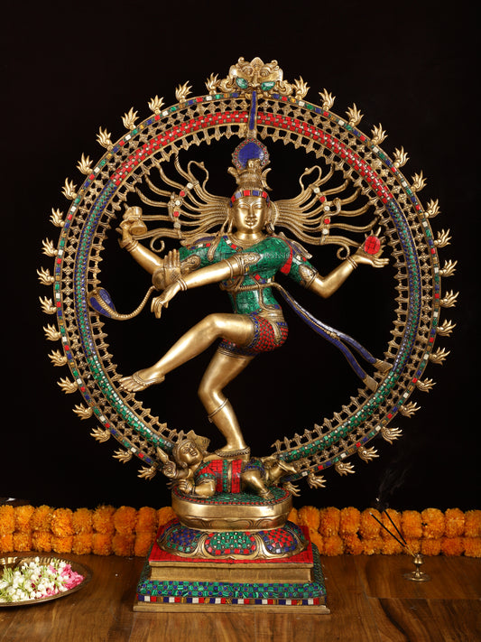 Large Handcrafted Superfine Brass Nataraja Statue by BudhShiv | 36" Tall | With Stonework