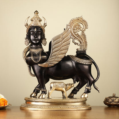 Brass Kamdhenu Cow with calf Statue | 16.5" Tall | Black edition