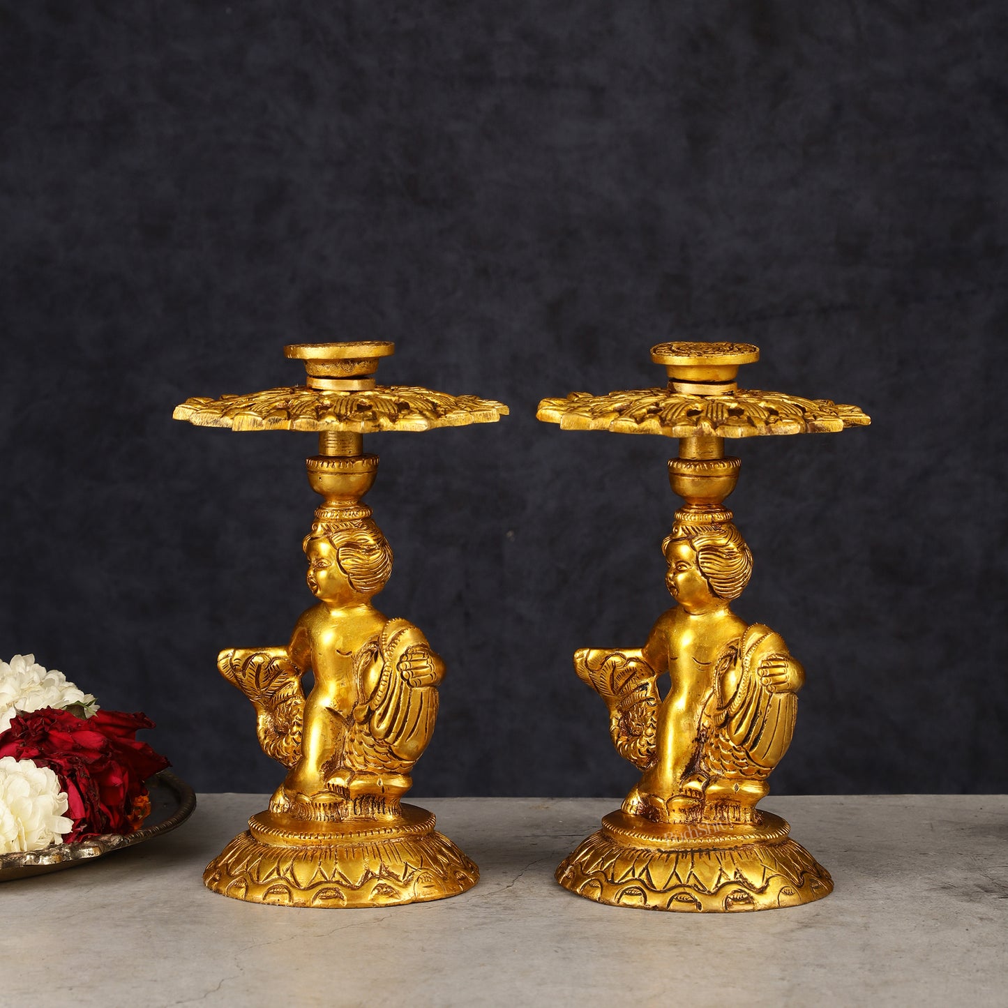 Brass Elegant Angel Table Showpiece Candle Holder 6" pair